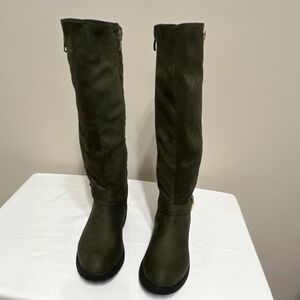 Rachel Quilted Boots 7M Olive Microfiber Knee High Zipper Buckle Women's